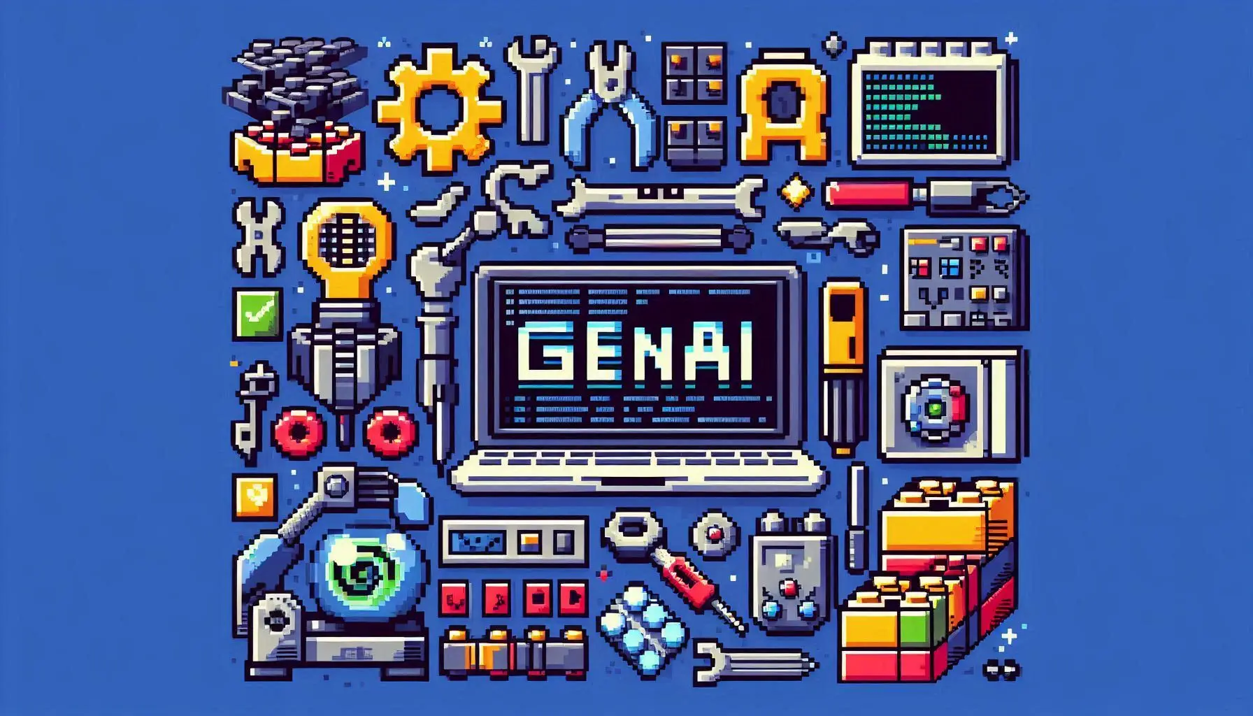 Pixel art collection of development tools surrounding a laptop displaying "GENAI" text, featuring coding elements, gears, wrenches, circuit boards, and various tech components on a blue background.