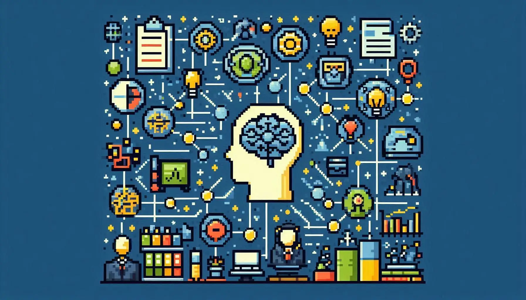 Pixel art illustration of a human head profile with a brain connected to various innovation and thinking concepts, including light bulbs, documents, charts, gears, and data points on a blue background.