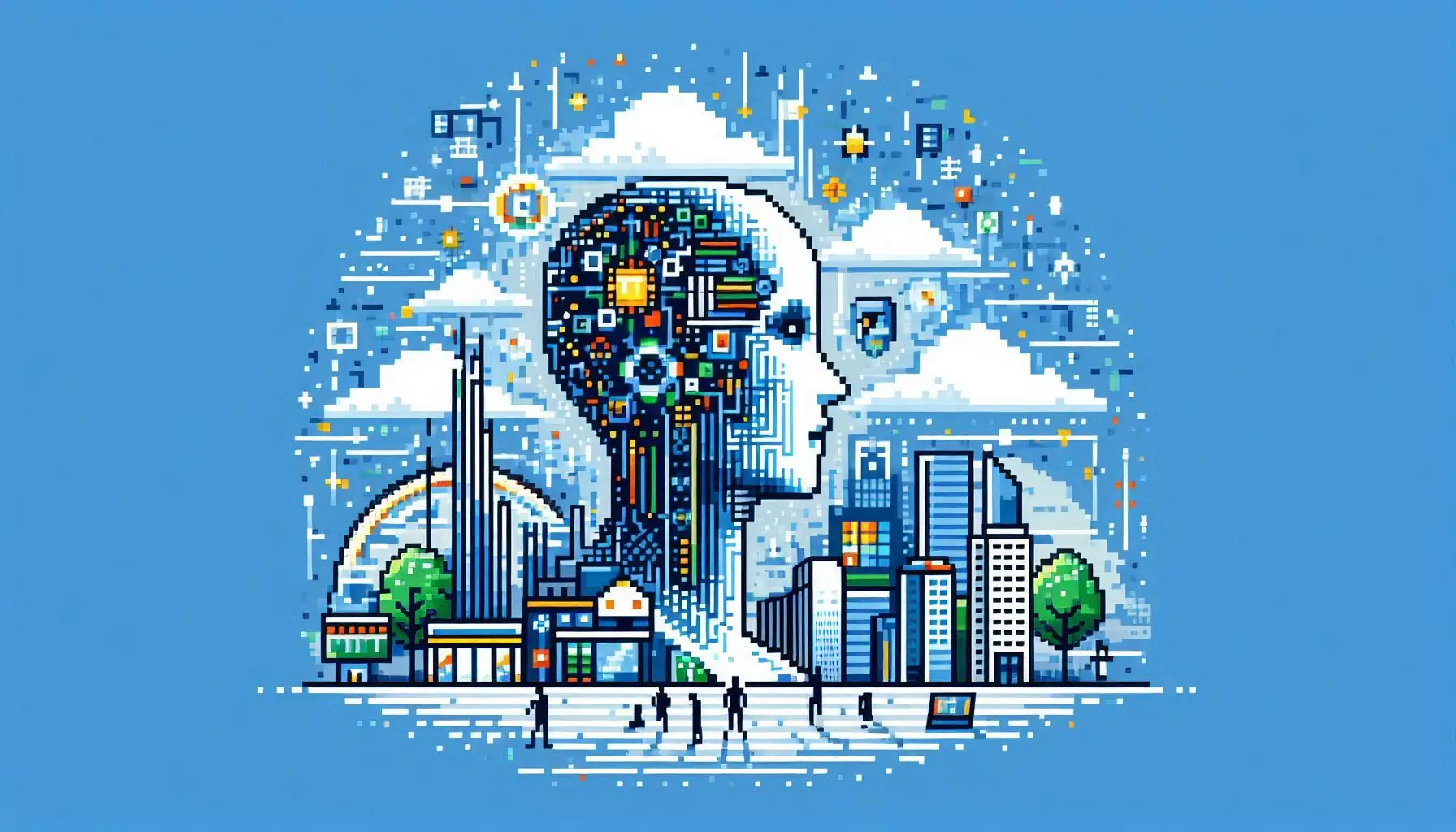 Pixel art illustration of a human profile with a circuit board brain integrated with a futuristic city skyline, clouds, and tiny people silhouettes beneath, all on a blue background.