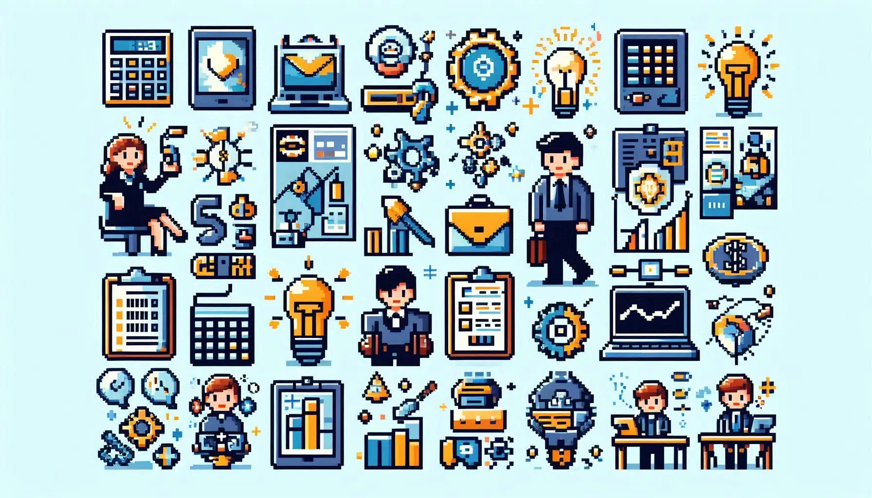 Pixel art collection of business and technology icons featuring office workers, light bulbs, devices, charts, graphs, calculators, and various work-related symbols in blue, yellow, and white colors on a light blue background.