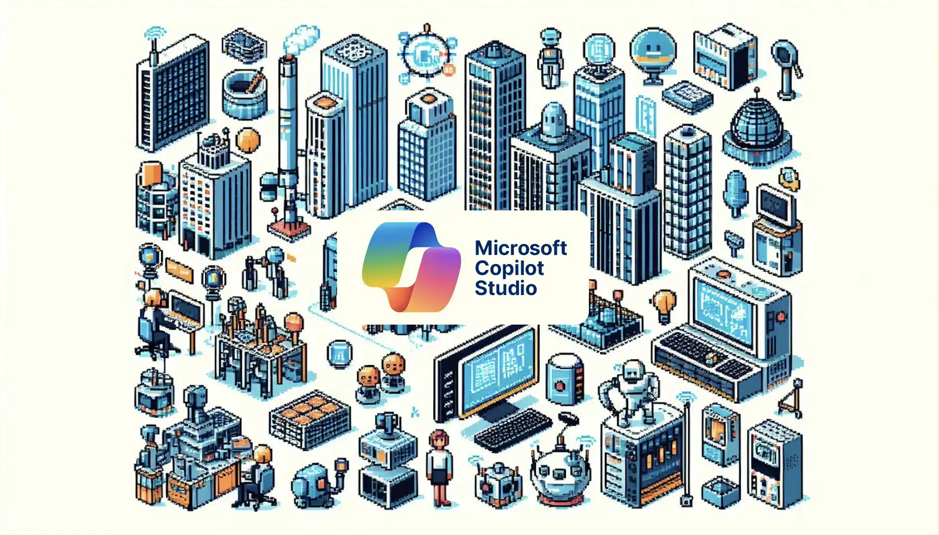 Pixel art illustration of a futuristic tech cityscape with isometric buildings, computers, robots, and technology objects surrounding the Microsoft Copilot Studio logo in the center.
