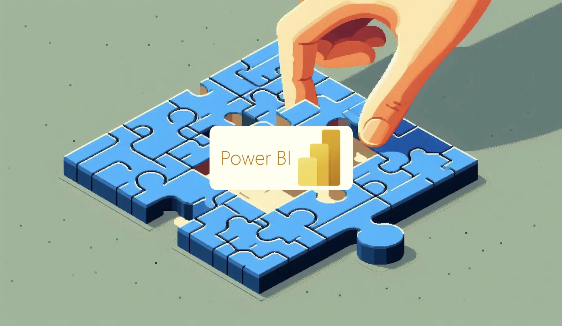 An illustrated hand placing a Power BI logo puzzle piece into a blue jigsaw puzzle, symbolizing data integration and business intelligence solutions.