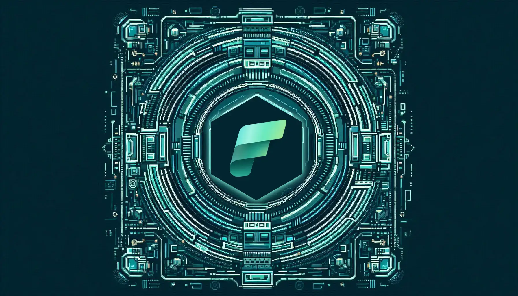 Futuristic digital art of the Microsoft Fabric logo centered within concentric technological circles and circuit patterns in teal and blue tones against a dark background.