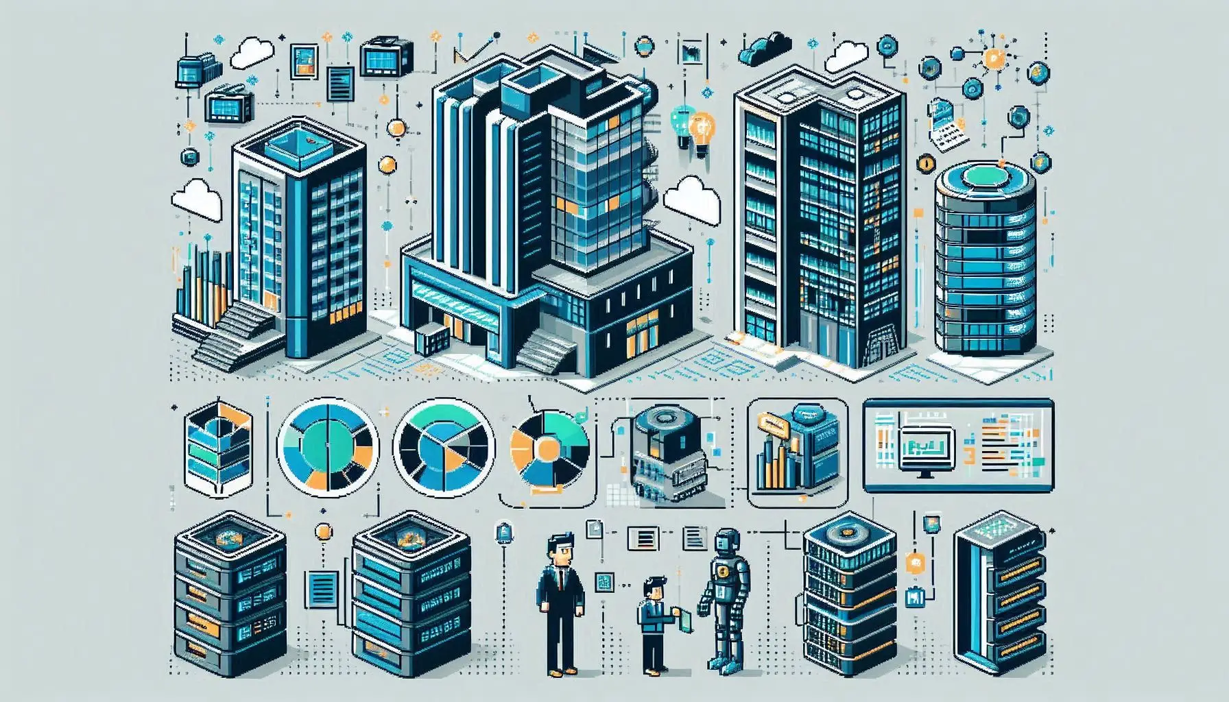 Pixel art illustration of modern city buildings with data center infrastructure, featuring office towers, server racks, pie charts, and technology elements in blue and teal tones, with businesspeople and a robot figure at the bottom.
