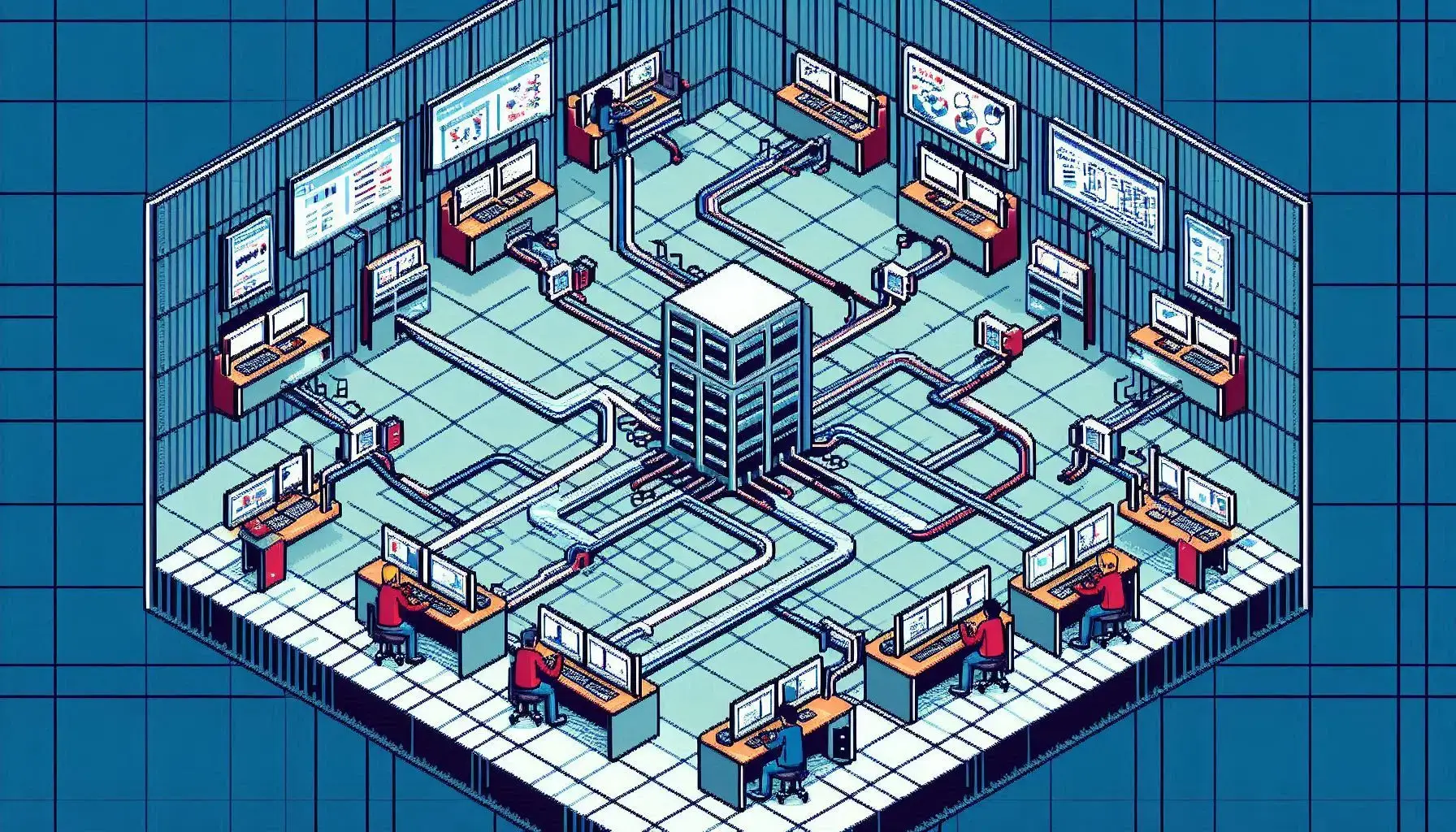 Isometric pixel art illustration of a data center with a central server connected to monitoring stations where technicians track system performance.