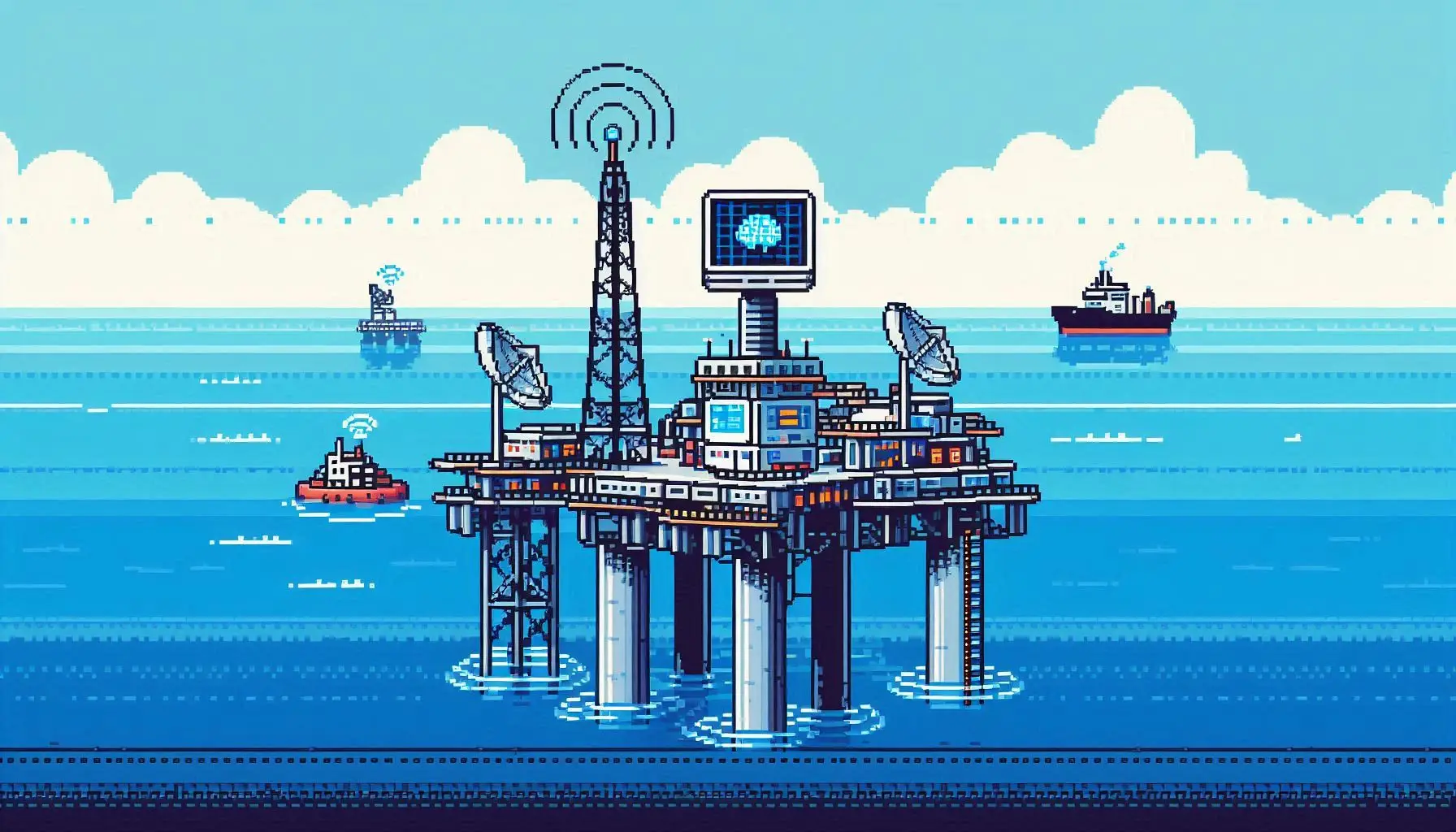 Pixel art illustration of an offshore oil platform in blue ocean water, featuring communication towers with signal waves, satellite dishes, a computer monitor, and support pillars. Small boats and ships can be seen in the surrounding waters beneath a light blue sky with white clouds.