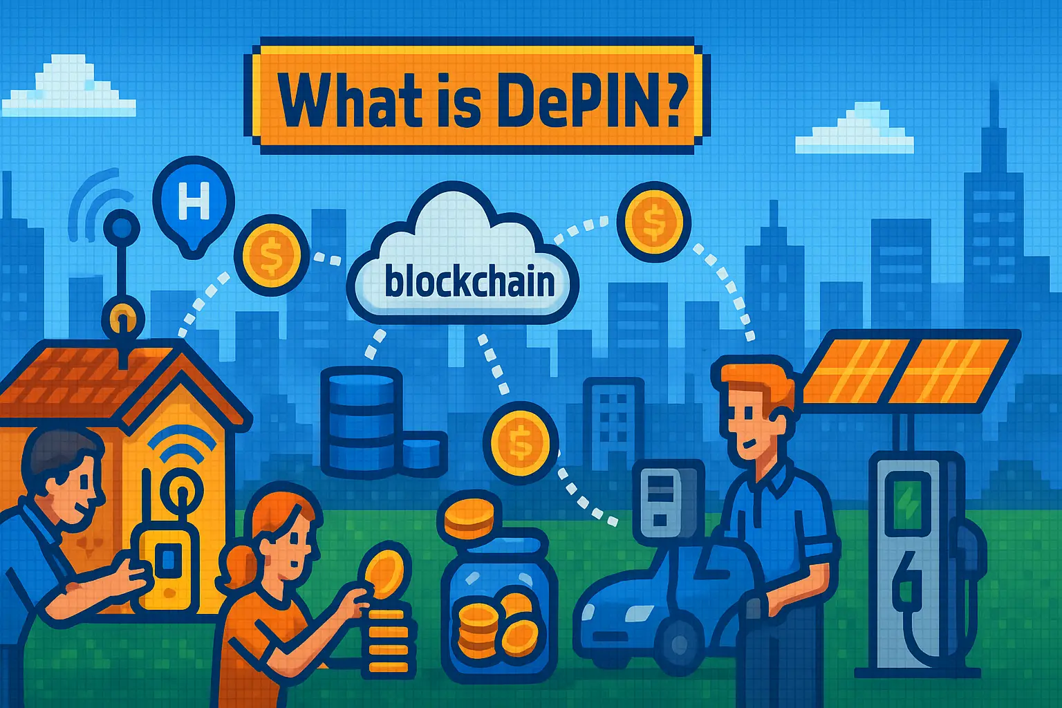 A group of people hang out in front a cityscape What is DePin? title