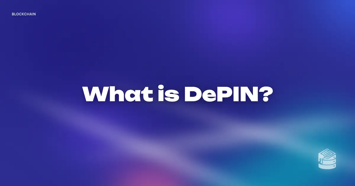 “What is DePIN?” in bold white text on a soft deep indigo and teal gradient, with a small Schema Sauce logo mark in the corner.